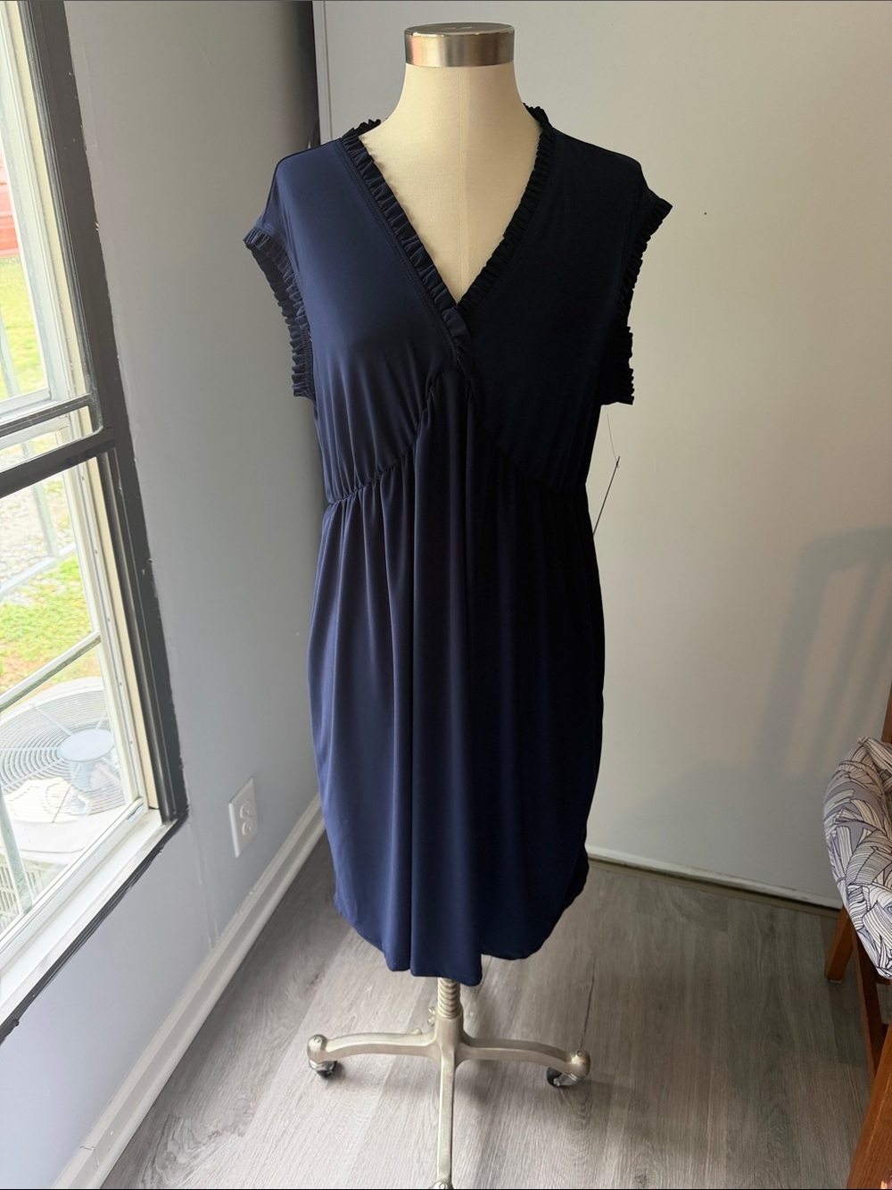 Tahari Navy V-Neck Ruffle Trim Dress 1X
